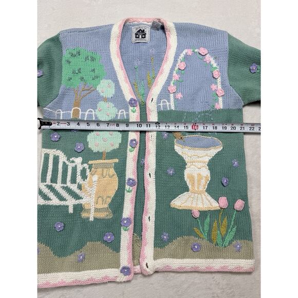 Storybook Knits Spring Garden Scene Cardigan Sz Med Blue Grandmacore Vintage - Picture 4 of 10